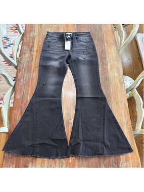 Home Folk Washed Black Extreme Flare Jeans NWT Size 14 Distressed Bell Bottoms